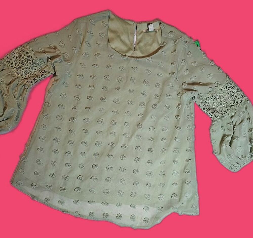 CATO Sage Green Swiss Dot Blouse Lace Bell Sleeves Sheer Top Women’s Small